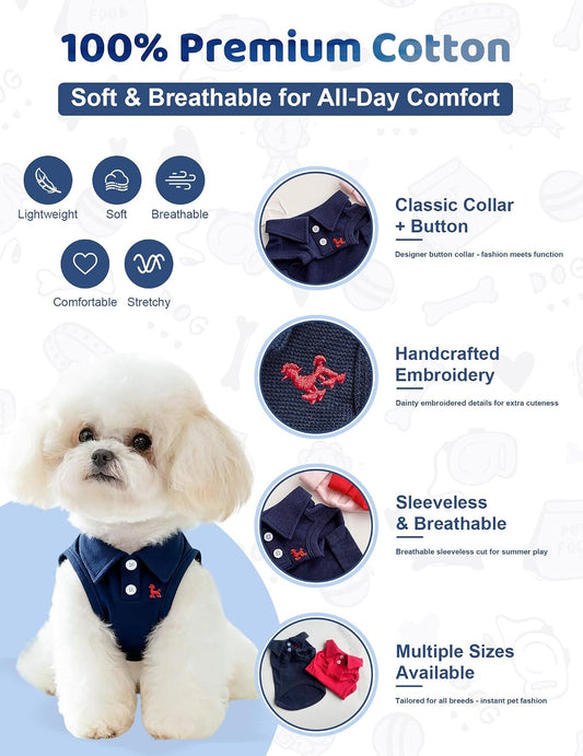 Dog Shirts for Small Medium Dogs - Summer Mellow Collared Polo T Shirt Puppy Soft Clothes Cats for Cute Boy Girl Pets, Navy Blue, Embroider, Parent-Child Clothing, Large