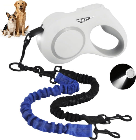 16.4ft Dual Retractable Dog Leash for Medium Dogs 35–55 lbs, USB Rechargeable LED Light, 360° Tangle-Free, Detachable Front Lead & Emergency Ready, Reflective Elastic (White)