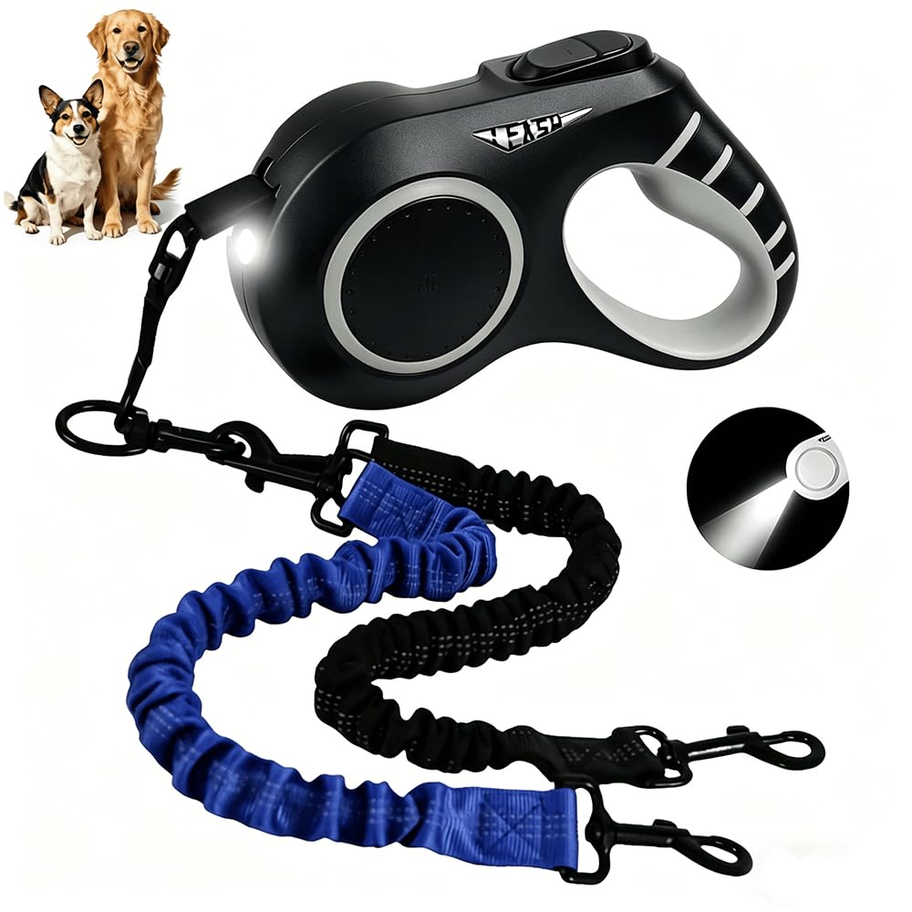 16.4ft Dual Retractable Dog Leash for Medium Dogs 35–55 lbs, USB Rechargeable LED Light, 360° Tangle-Free, Detachable Front Lead & Emergency Ready, Reflective Elastic (White)