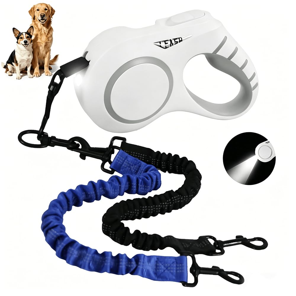 16.4ft Dual Retractable Dog Leash for Medium Dogs 35–55 lbs, USB Rechargeable LED Light, 360° Tangle-Free, Detachable Front Lead & Emergency Ready, Reflective Elastic (White)