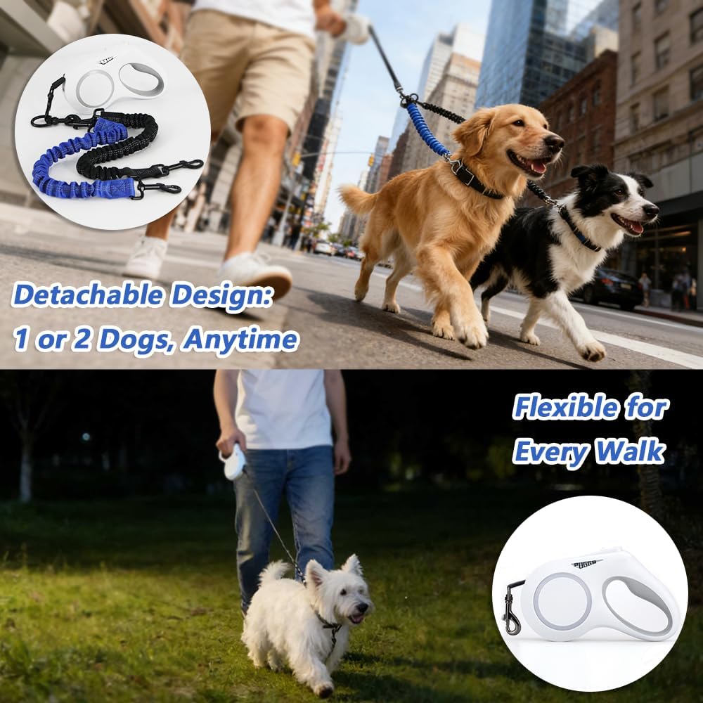 16.4ft Dual Retractable Dog Leash for Medium Dogs 35–55 lbs, USB Rechargeable LED Light, 360° Tangle-Free, Detachable Front Lead & Emergency Ready, Reflective Elastic (White)