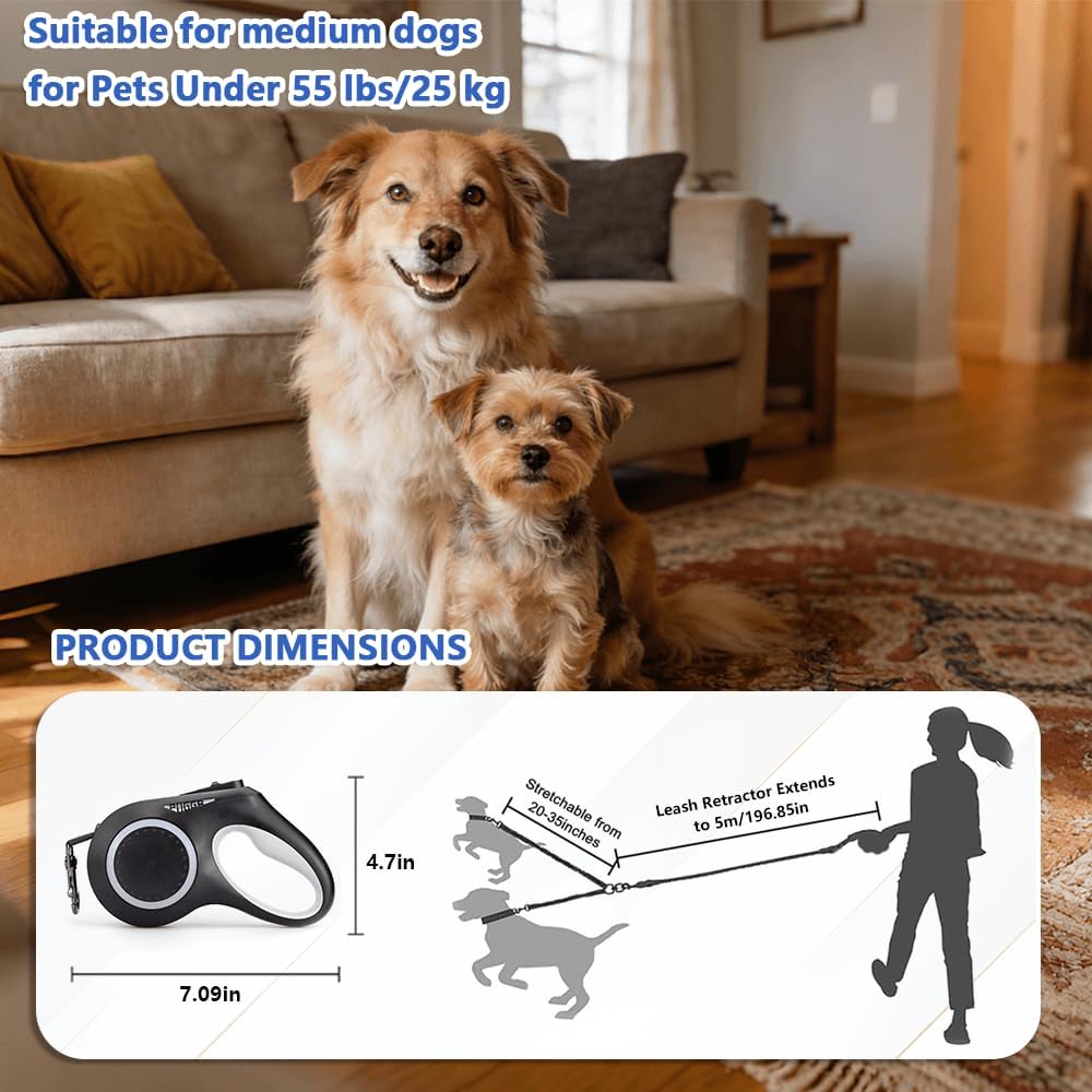 16.4ft Dual Retractable Dog Leash for Medium Dogs 35–55 lbs, USB Rechargeable LED Light, 360° Tangle-Free, Detachable Front Lead & Emergency Ready, Reflective Elastic (White)
