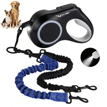 16.4ft Dual Retractable Dog Leash for Medium Dogs 35–55 lbs, USB Rechargeable LED Light, 360° Tangle-Free, Detachable Front Lead & Emergency Ready, Reflective Elastic (White)