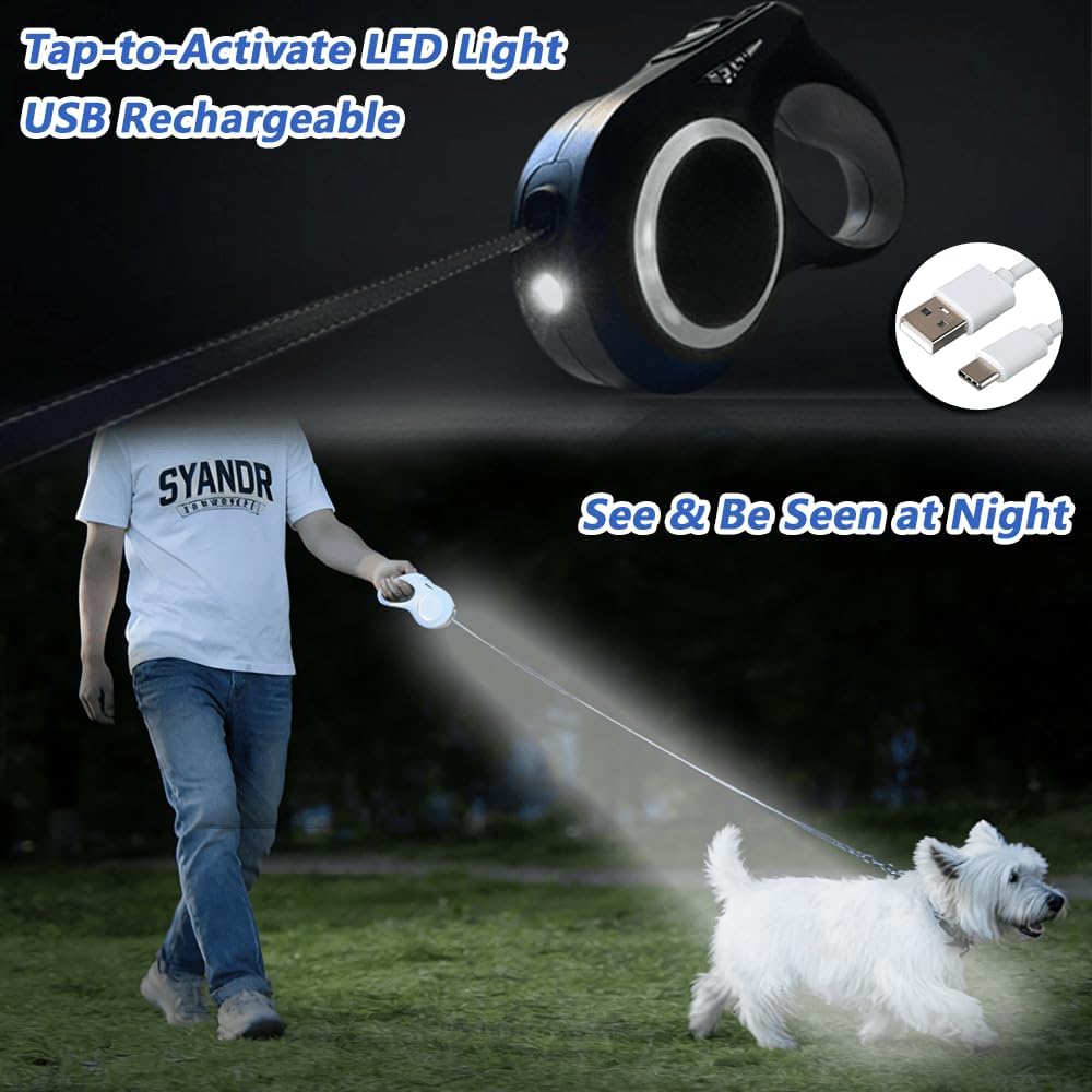 16.4ft Dual Retractable Dog Leash for Medium Dogs 35–55 lbs, USB Rechargeable LED Light, 360° Tangle-Free, Detachable Front Lead & Emergency Ready, Reflective Elastic (White)