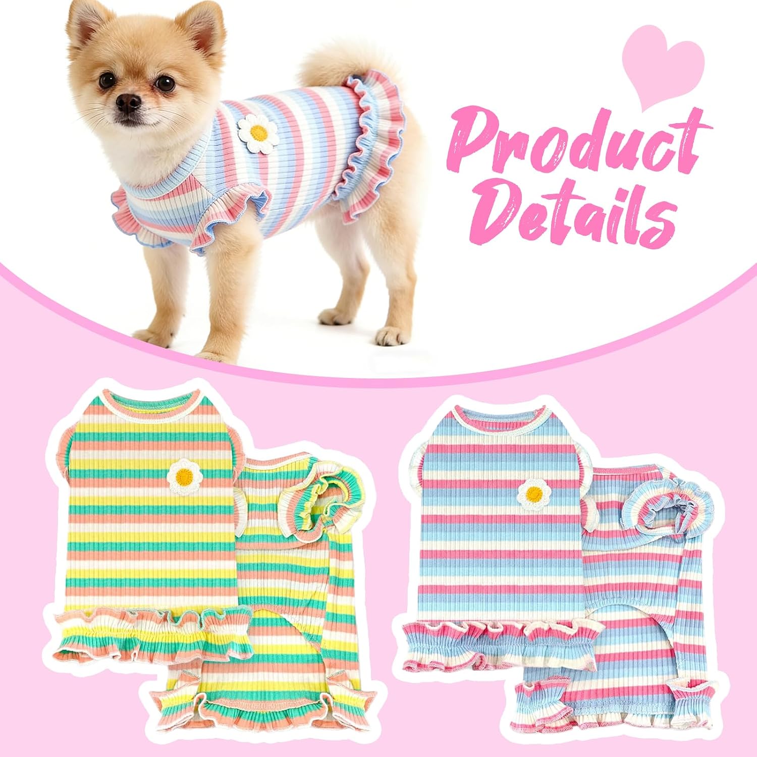 2 Pack Dog Clothes for Small Dogs Cats Cotton Rainbow Striped Dog T Shirt with Ruffled Hem, Soft Breathable Puppy Vest Spring Summer Pet Tank Tops, Sunflowers S