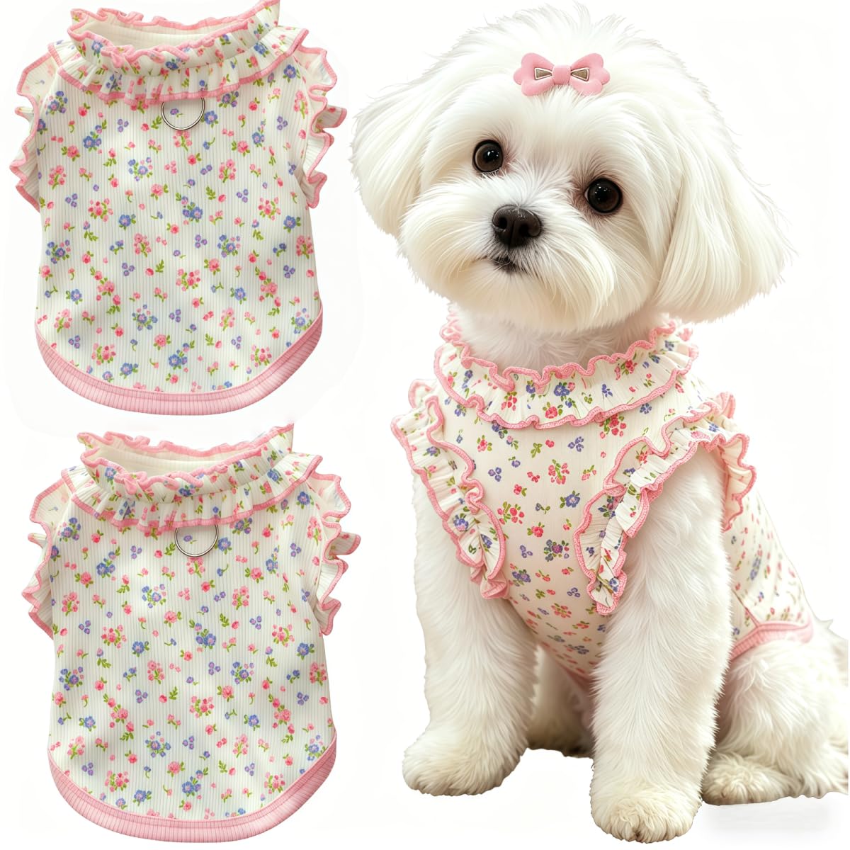 2 Pack Dog Clothes for Small Dogs Cats Cotton Rainbow Striped Dog T Shirt with Ruffled Hem, Soft Breathable Puppy Vest Spring Summer Pet Tank Tops, Sunflowers S