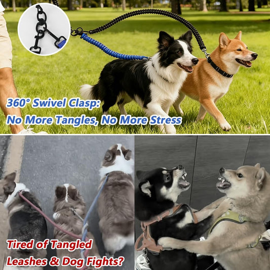 16.4ft Dual Retractable Dog Leash for Medium Dogs 35–55 lbs, USB Rechargeable LED Light, 360° Tangle-Free, Detachable Front Lead & Emergency Ready, Reflective Elastic (White)