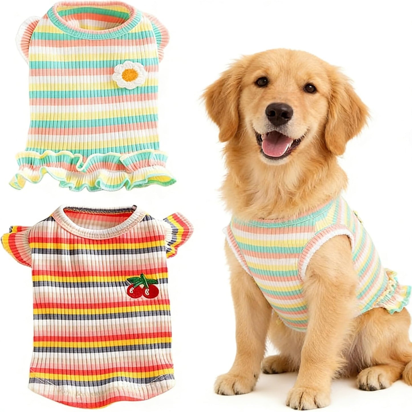 2 Pack Dog Clothes for Small Dogs Cats Cotton Rainbow Striped Dog T Shirt with Ruffled Hem, Soft Breathable Puppy Vest Spring Summer Pet Tank Tops, Sunflowers S