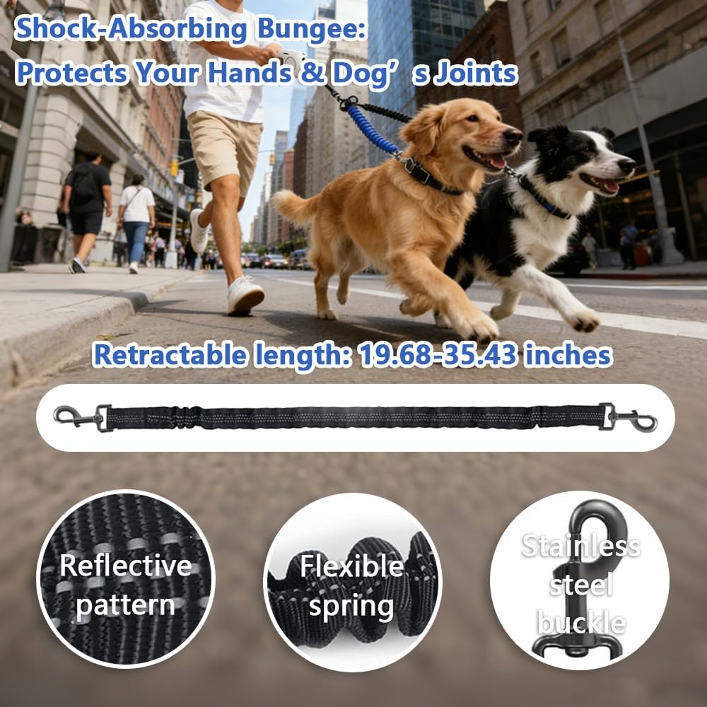16.4ft Dual Retractable Dog Leash for Medium Dogs 35–55 lbs, USB Rechargeable LED Light, 360° Tangle-Free, Detachable Front Lead & Emergency Ready, Reflective Elastic (White)