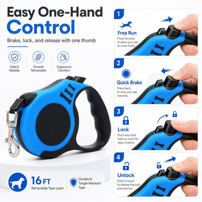 10 FT Retractable Dog Leash, Automatic Telescopic Pet Walking Leash with Non-Slip Handle, Durable Easy Grip Dog Tape Traction Rope for Small Medium Dogs, Blue
