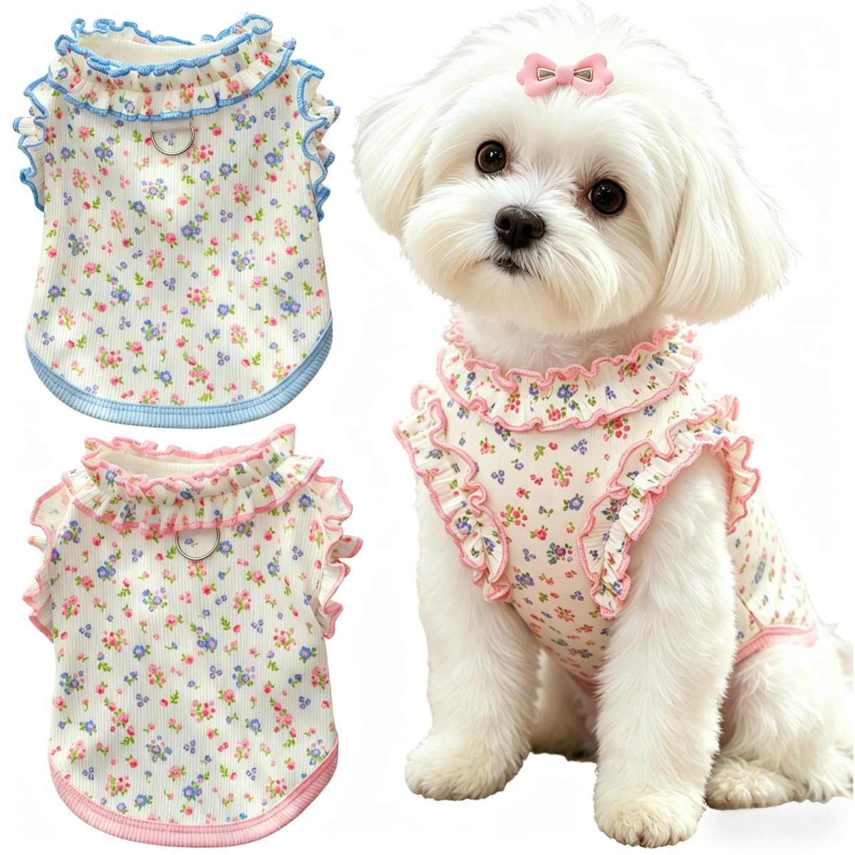 2 Pack Dog Clothes for Small Dogs Cats Cotton Rainbow Striped Dog T Shirt with Ruffled Hem, Soft Breathable Puppy Vest Spring Summer Pet Tank Tops, Sunflowers S