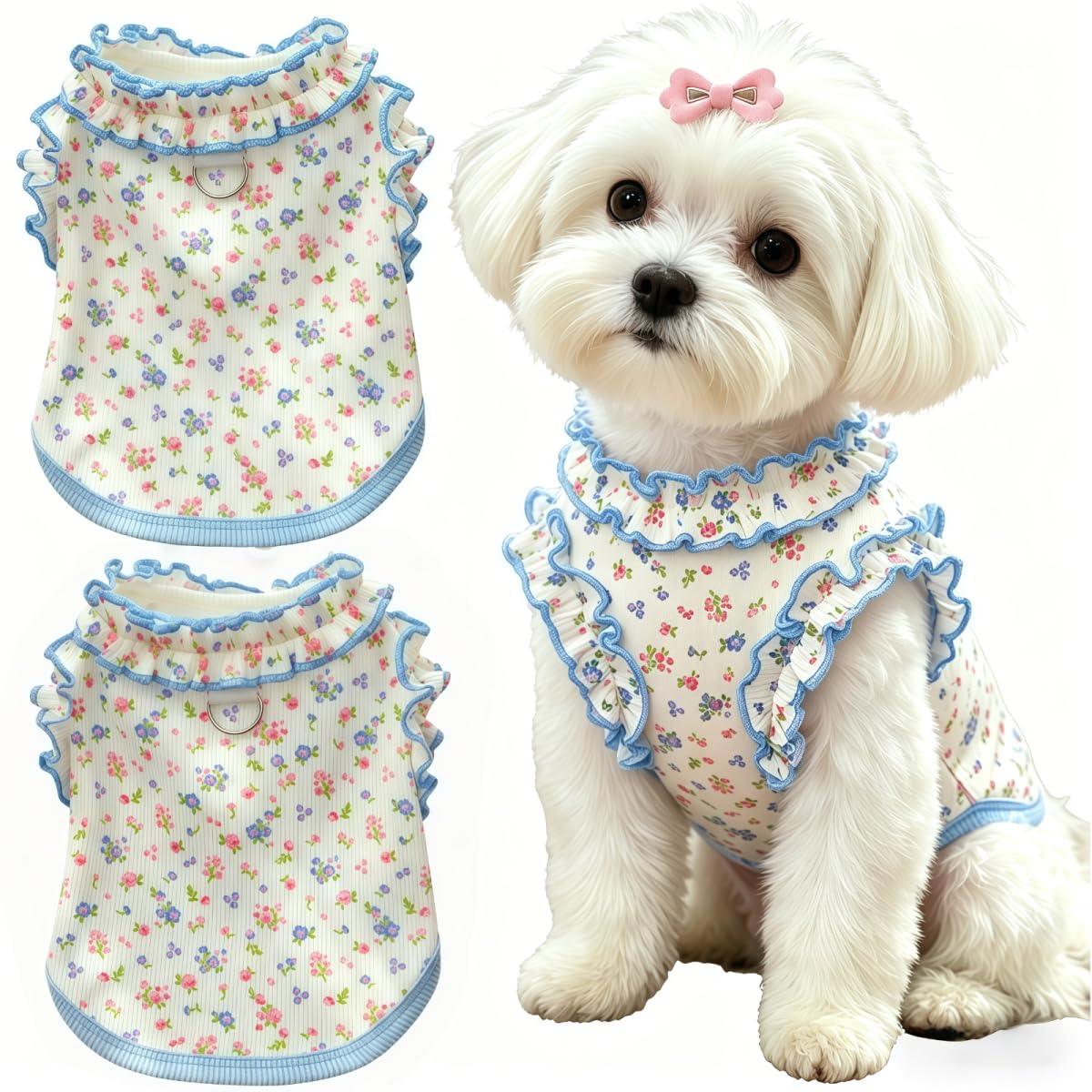 2 Pack Dog Clothes for Small Dogs Cats Cotton Rainbow Striped Dog T Shirt with Ruffled Hem, Soft Breathable Puppy Vest Spring Summer Pet Tank Tops, Sunflowers S