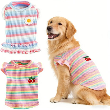 2 Pack Dog Clothes for Small Dogs Cats Cotton Rainbow Striped Dog T Shirt with Ruffled Hem, Soft Breathable Puppy Vest Spring Summer Pet Tank Tops, Sunflowers S