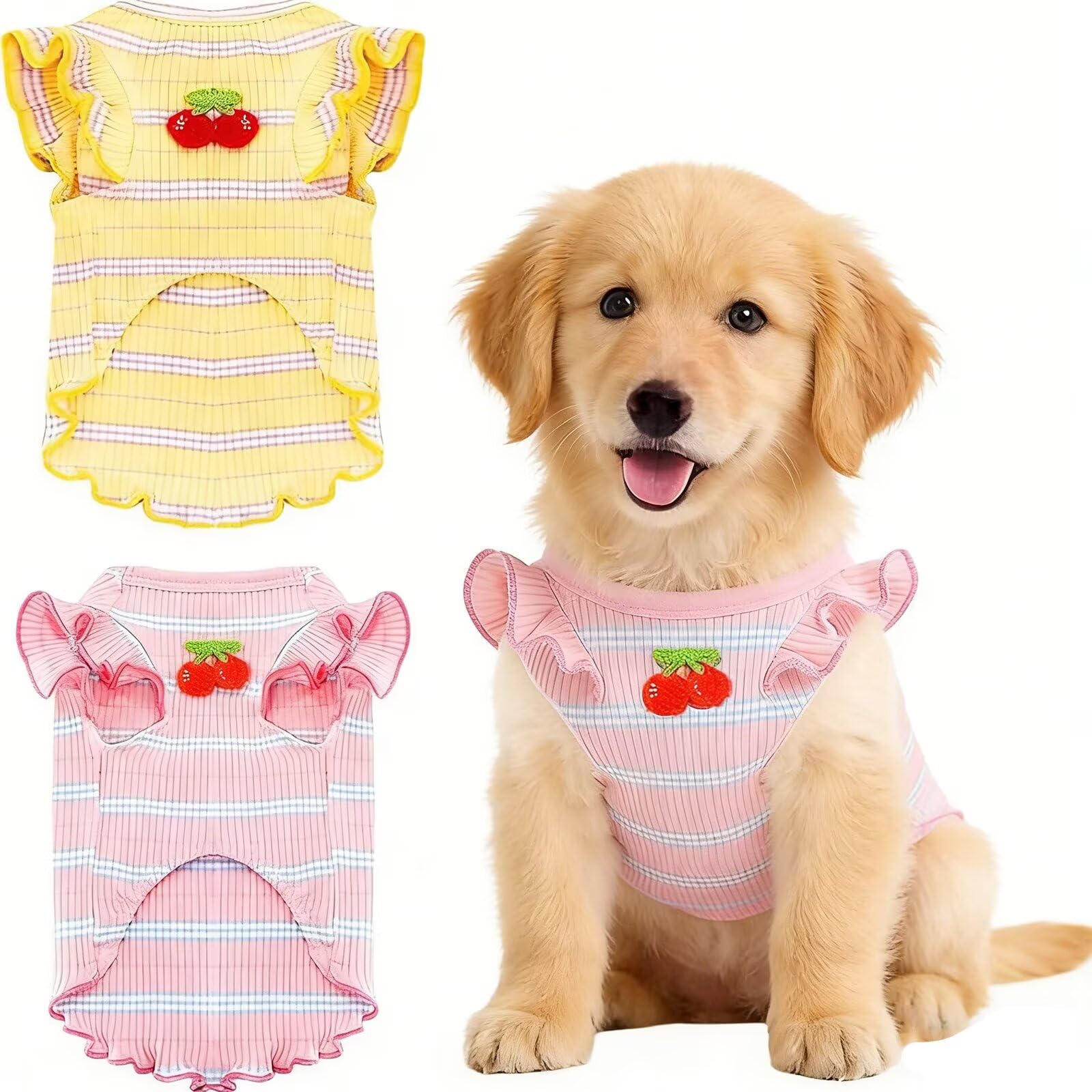 2 Pack Dog Clothes for Small Dogs Cats Cotton Rainbow Striped Dog T Shirt with Ruffled Hem, Soft Breathable Puppy Vest Spring Summer Pet Tank Tops, Sunflowers S