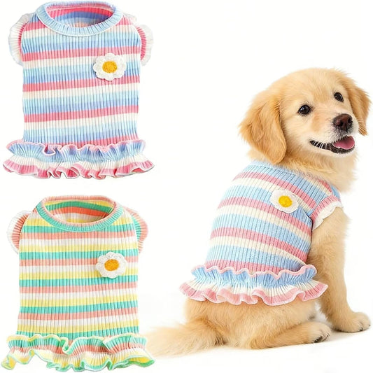 2 Pack Dog Clothes for Small Dogs Cats Cotton Rainbow Striped Dog T Shirt with Ruffled Hem, Soft Breathable Puppy Vest Spring Summer Pet Tank Tops, Sunflowers S