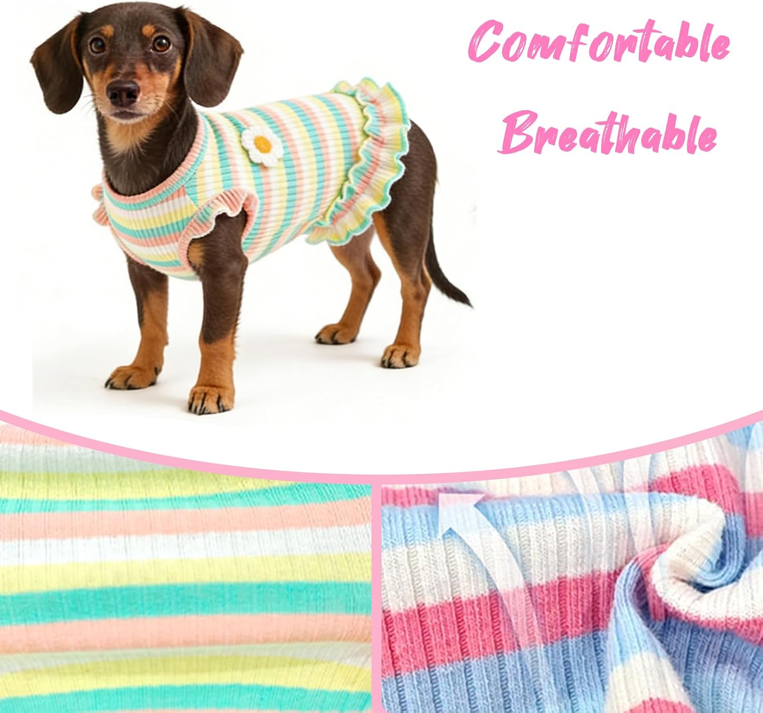 2 Pack Dog Clothes for Small Dogs Cats Cotton Rainbow Striped Dog T Shirt with Ruffled Hem, Soft Breathable Puppy Vest Spring Summer Pet Tank Tops, Sunflowers S
