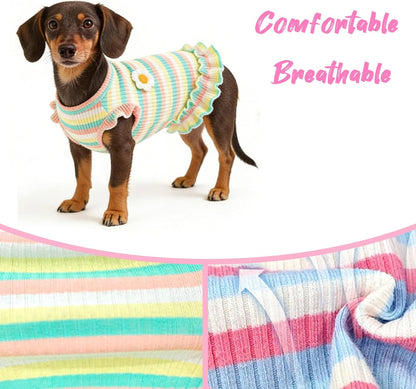 2 Pack Dog Clothes for Small Dogs Cats Cotton Rainbow Striped Dog T Shirt with Ruffled Hem, Soft Breathable Puppy Vest Spring Summer Pet Tank Tops, Sunflowers S