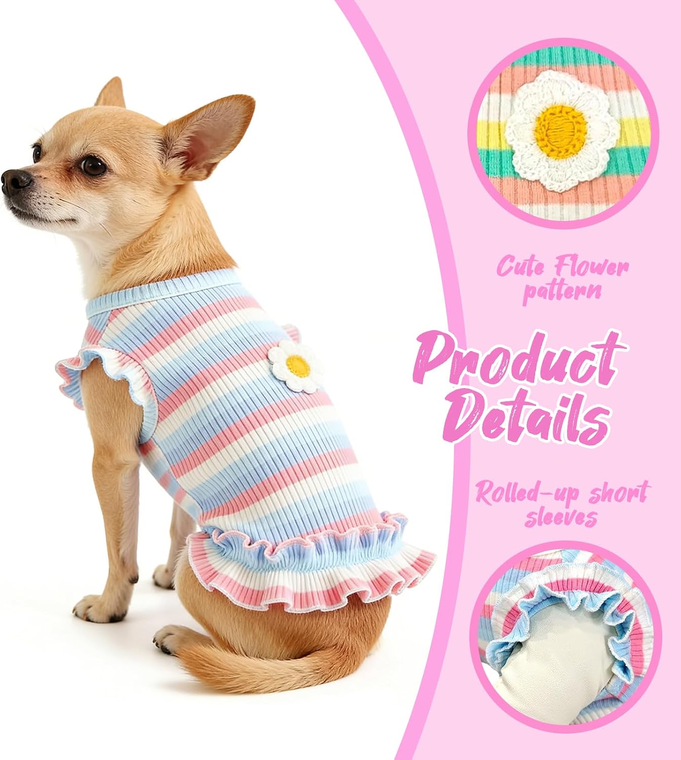 2 Pack Dog Clothes for Small Dogs Cats Cotton Rainbow Striped Dog T Shirt with Ruffled Hem, Soft Breathable Puppy Vest Spring Summer Pet Tank Tops, Sunflowers S