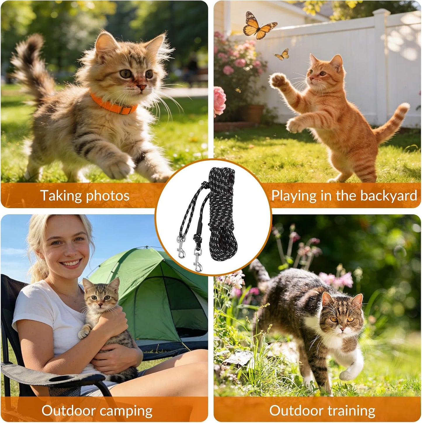 15FT Reflective Cat Leash,Escape Proof Long Training Lead for Cats Kittens & Small Pets,Durable Outdoor Walking Leash with Waste Bag Dispenser(Black)