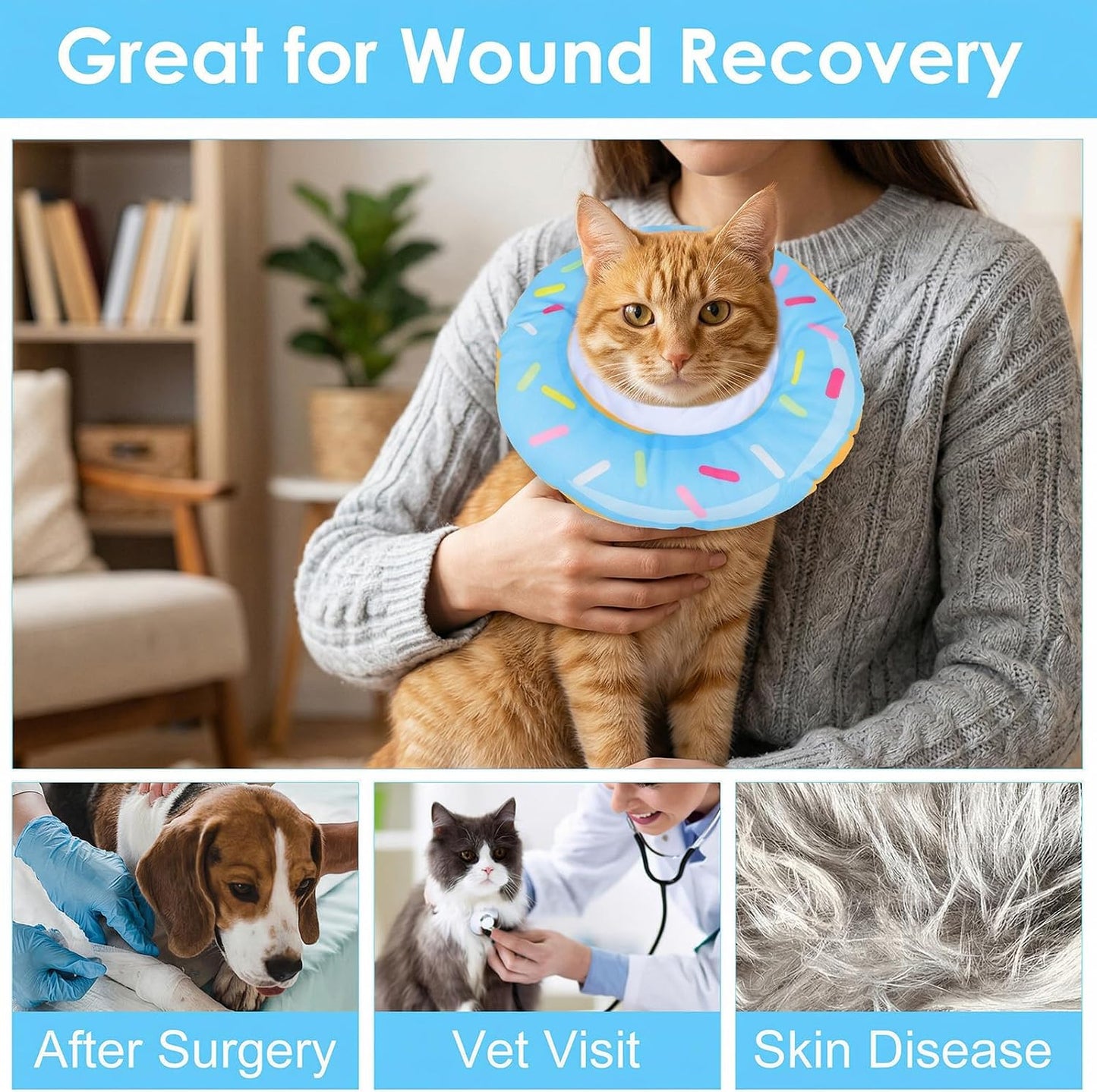 Cat Cone Collar Adjustable Cat Recovery Collars Soft Cone Cute Cats Collars After Surgery Kitten Recovery Cones to Stop Licking Pet Elizabethan Collar for Cats Kittens and Puppies（Blue）
