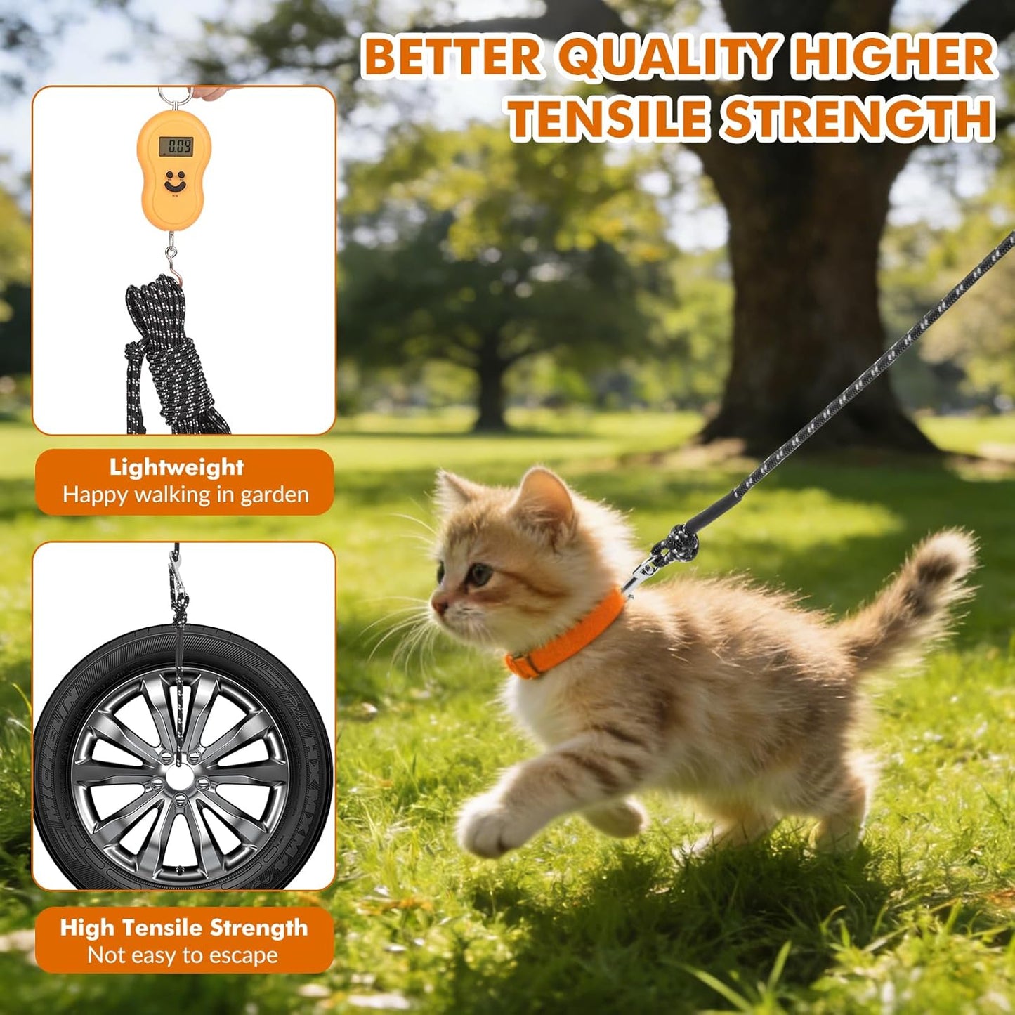 15FT Reflective Cat Leash,Escape Proof Long Training Lead for Cats Kittens & Small Pets,Durable Outdoor Walking Leash with Waste Bag Dispenser(Black)