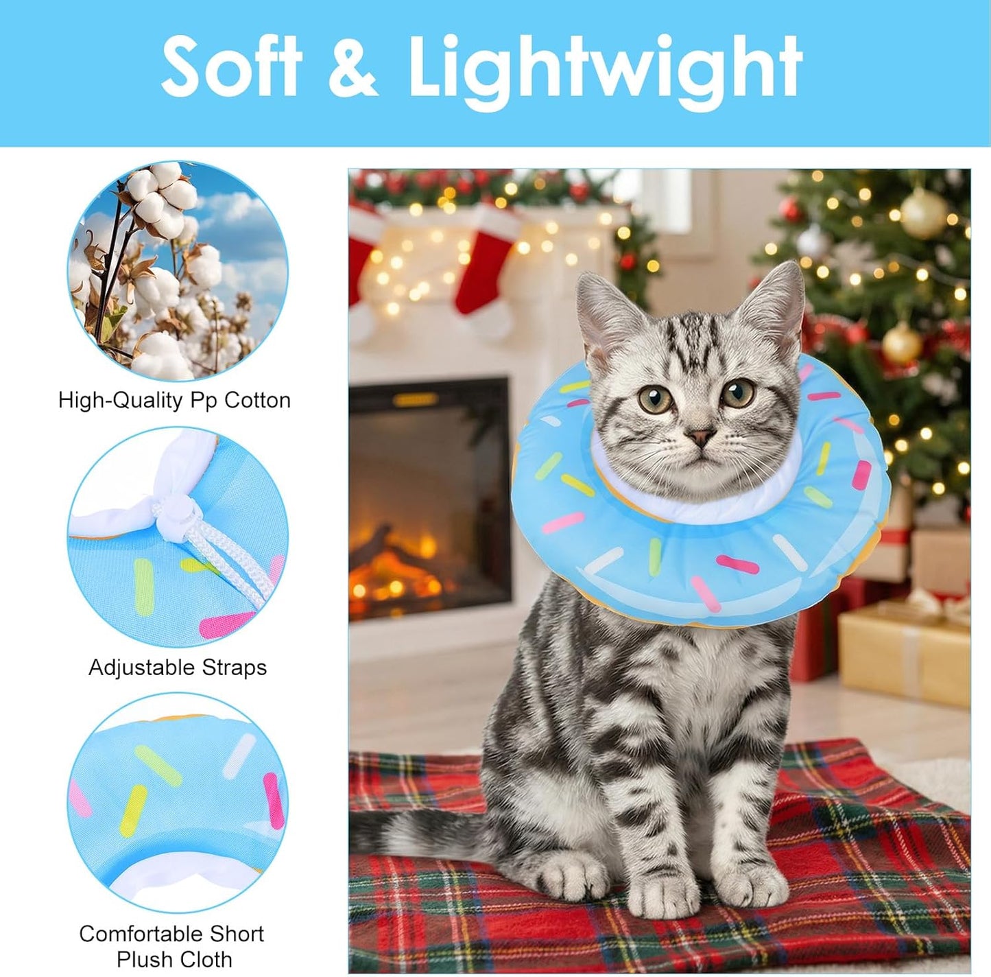 Cat Cone Collar Adjustable Cat Recovery Collars Soft Cone Cute Cats Collars After Surgery Kitten Recovery Cones to Stop Licking Pet Elizabethan Collar for Cats Kittens and Puppies（Blue）